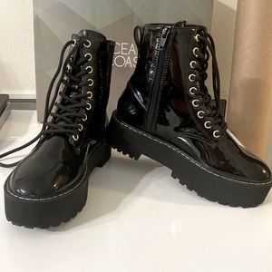 Black Chunky Ankle Boot Side Zip Shiny Patent Platform Lace Up Combat Heel